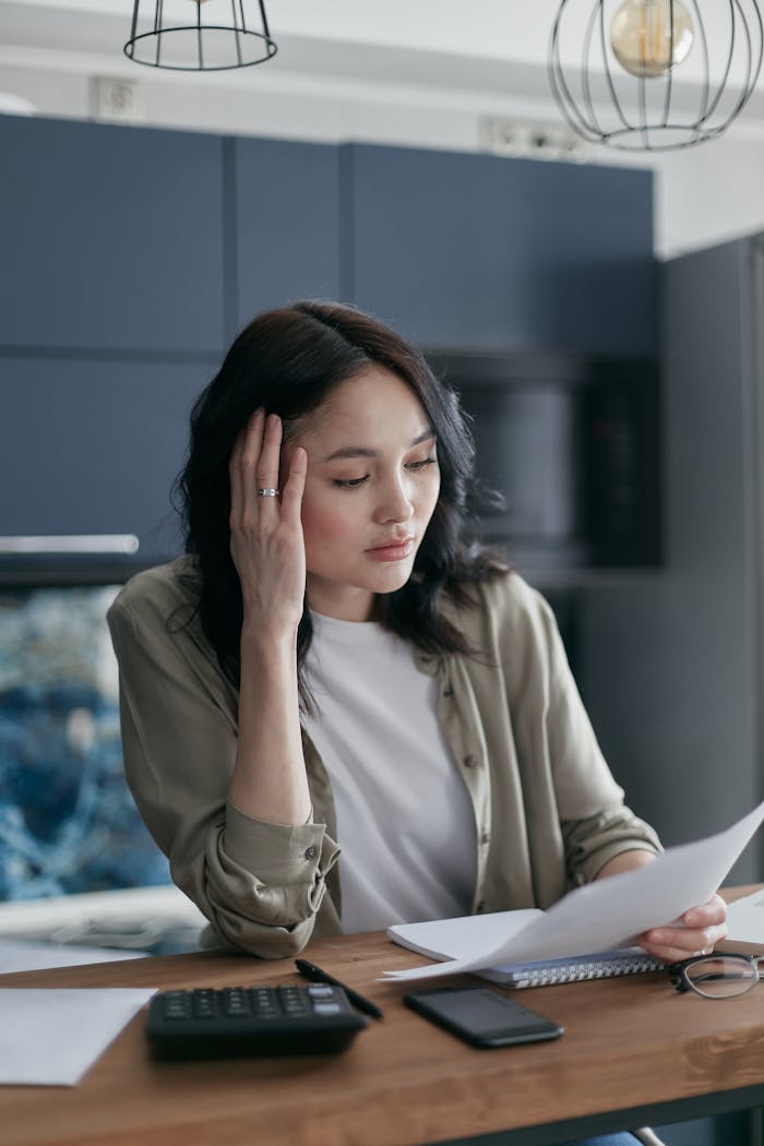 A woman looks stressed while managing bills and documents at the kitchen table.